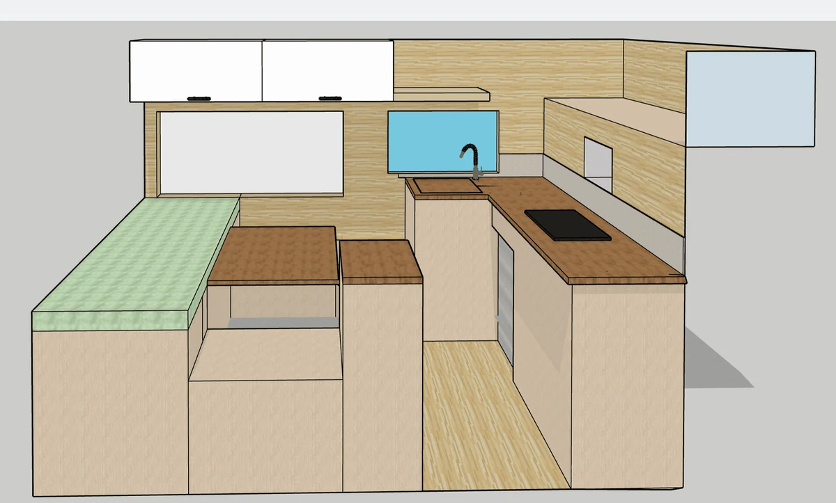 Vista 3D del diseño interior de una camper van, mostrando cocina con fregadero, placa y zona de descanso en tonos madera