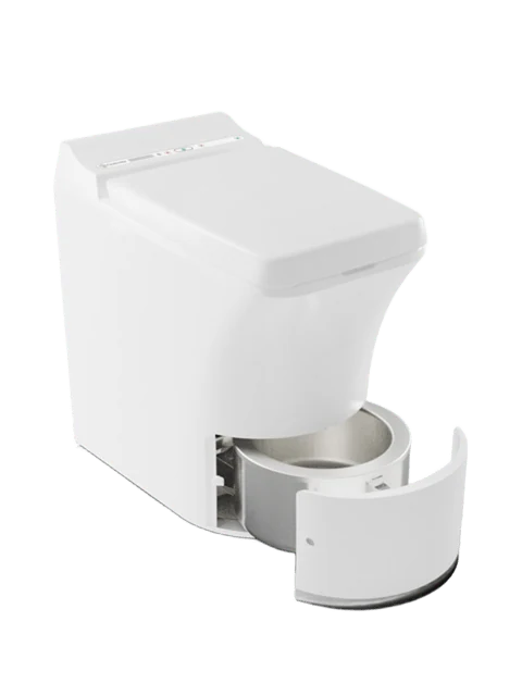Inodoro seco compostero blanco Separett Tiny con contenedor de residuos parcialmente extraído, ideal para van life