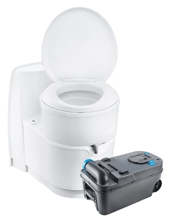 Inodoro químico portátil blanco de cassette con tapa abierta y su depósito de aguas negras para viajes overland