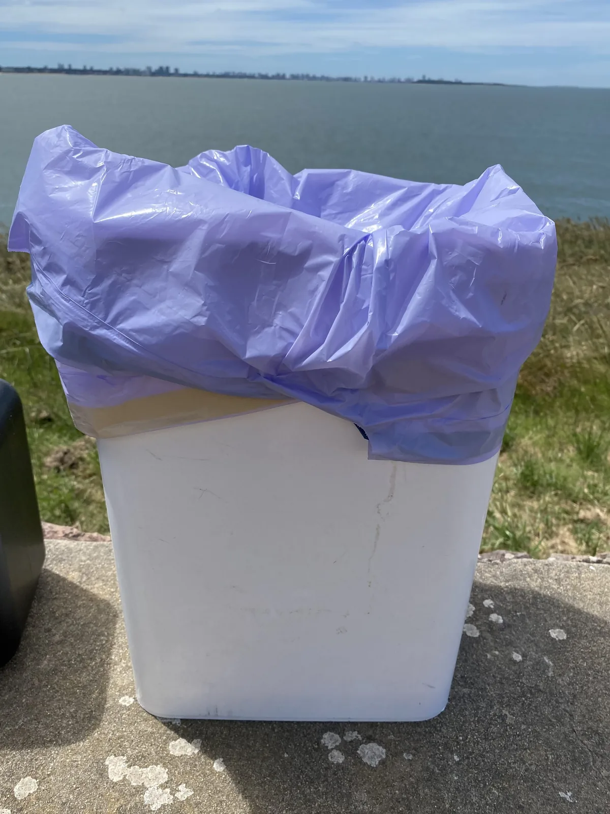 Cubo de basura con bolsa morada en la costa, frente a un gran cuerpo de agua y la silueta de una ciudad en el horizonte