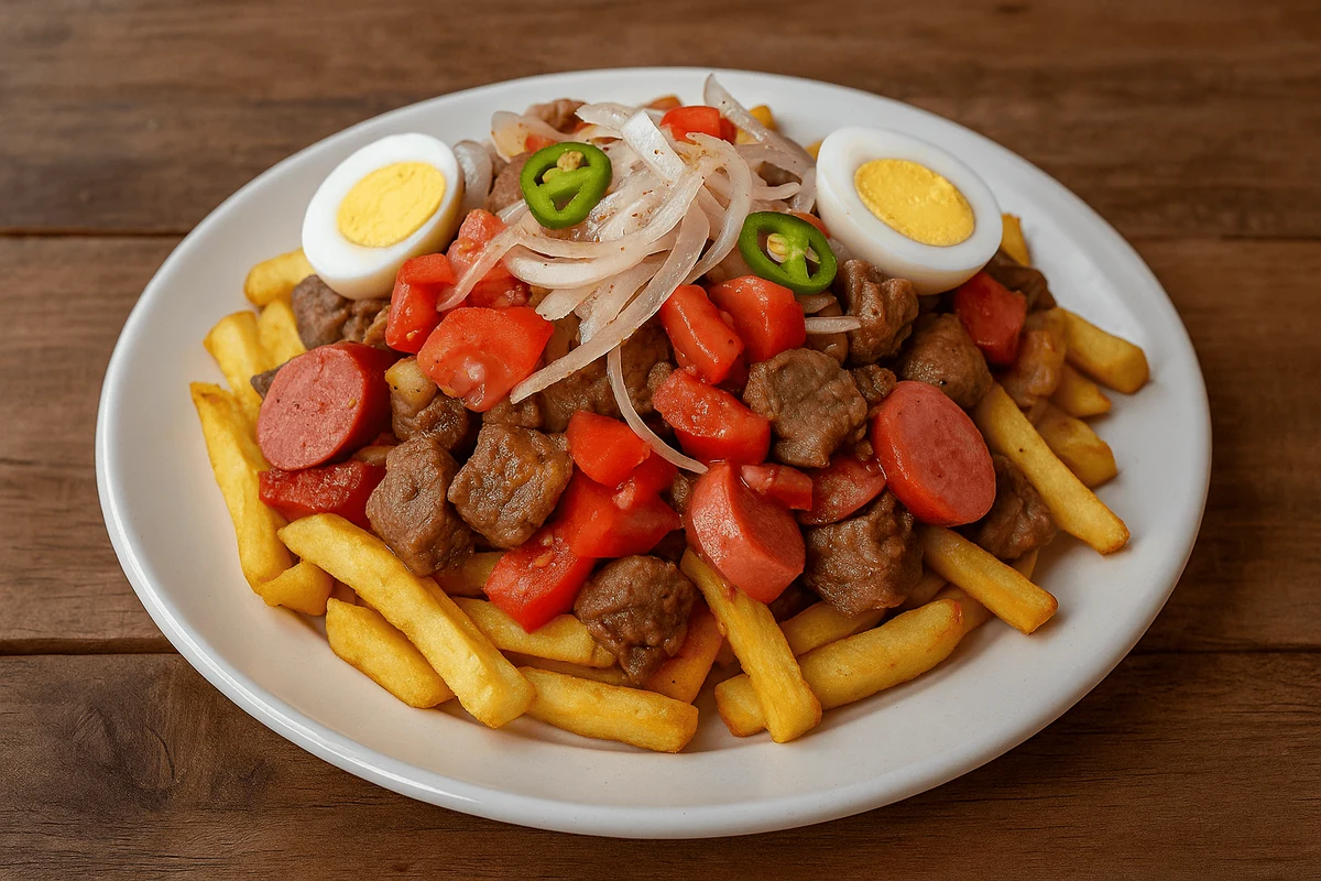 Plato de papas fritas con carne picada, salchichas en rodajas, tomate, cebolla roja, ajíes verdes y huevos duros
