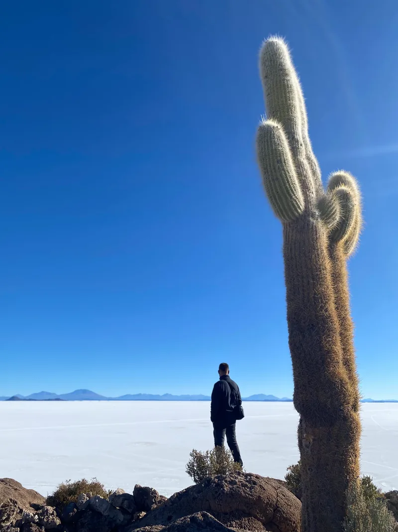 Viajero observa el Salar de Uyuni desde una isla de cactus, una parada icónica en un viaje overland por Bolivia