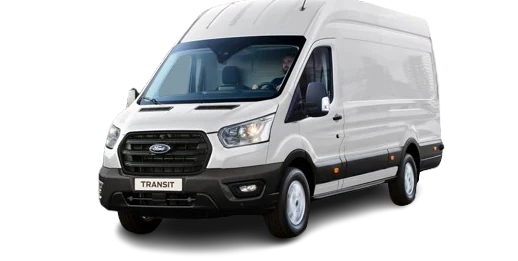 Furgoneta Ford Transit blanca de techo alto con conductor, ideal para camperizar y viajes overland