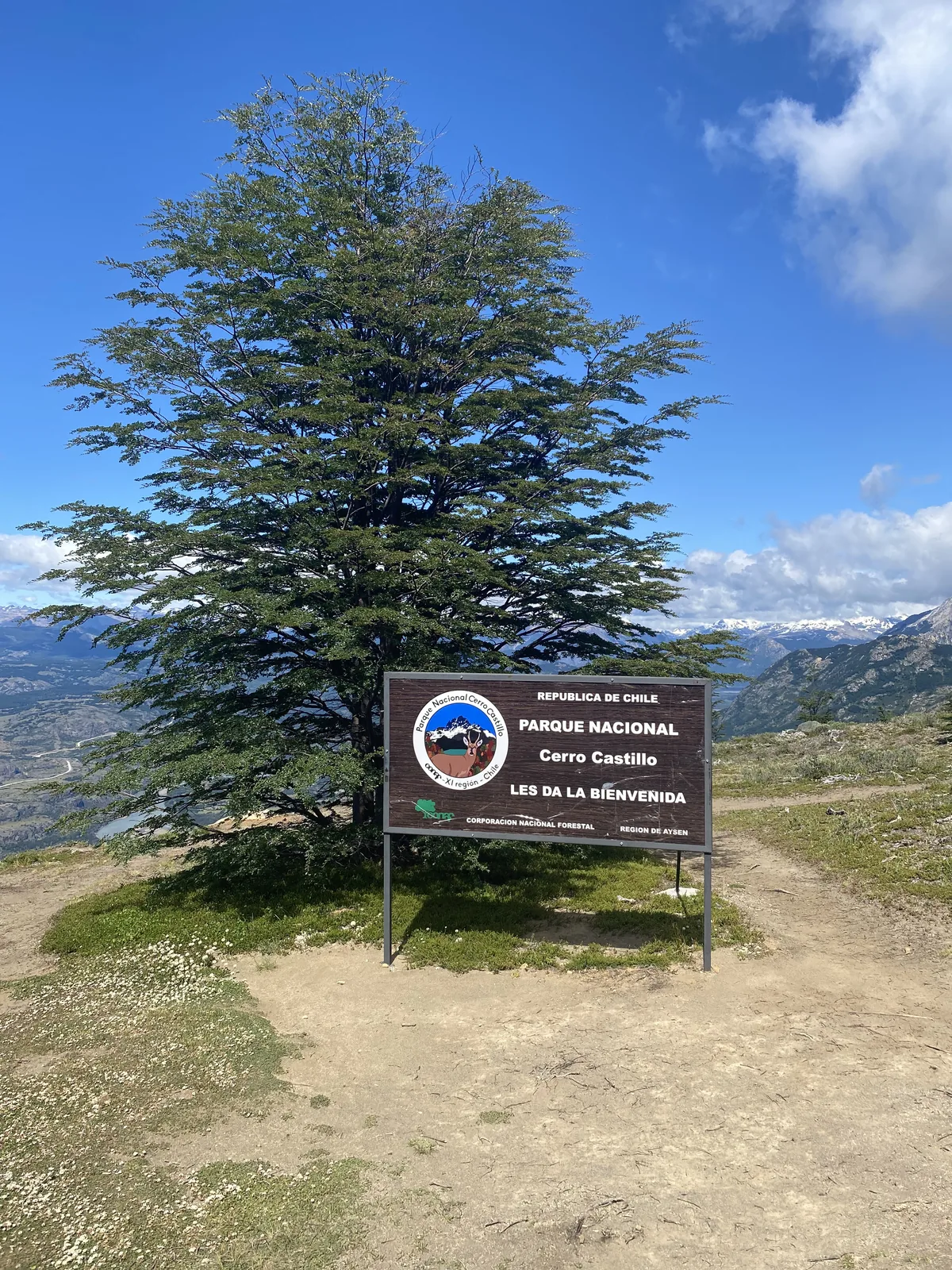 Letrero de bienvenida al Parque Nacional Cerro Castillo, Chile, junto a camino overland con montañas nevadas y árbol frondoso