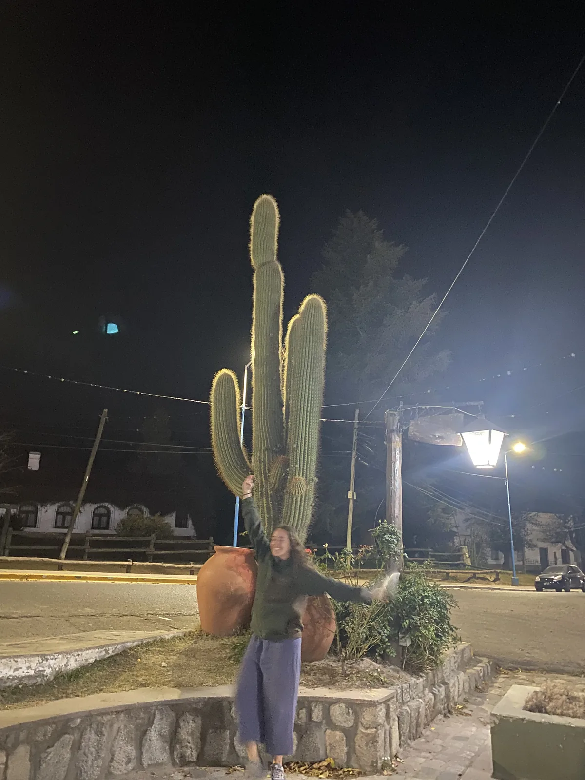 Viajera sonriente con brazos arriba junto a un cactus gigante iluminado en un pueblo de noche, típica parada en ruta overland