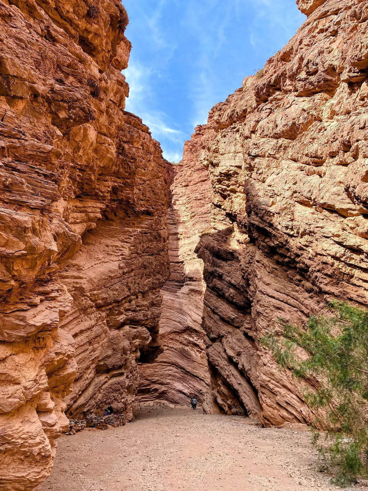 Impresionante cañón rojizo con formaciones rocosas estratificadas y sendero de tierra. Pequeños viajeros exploran la garganta