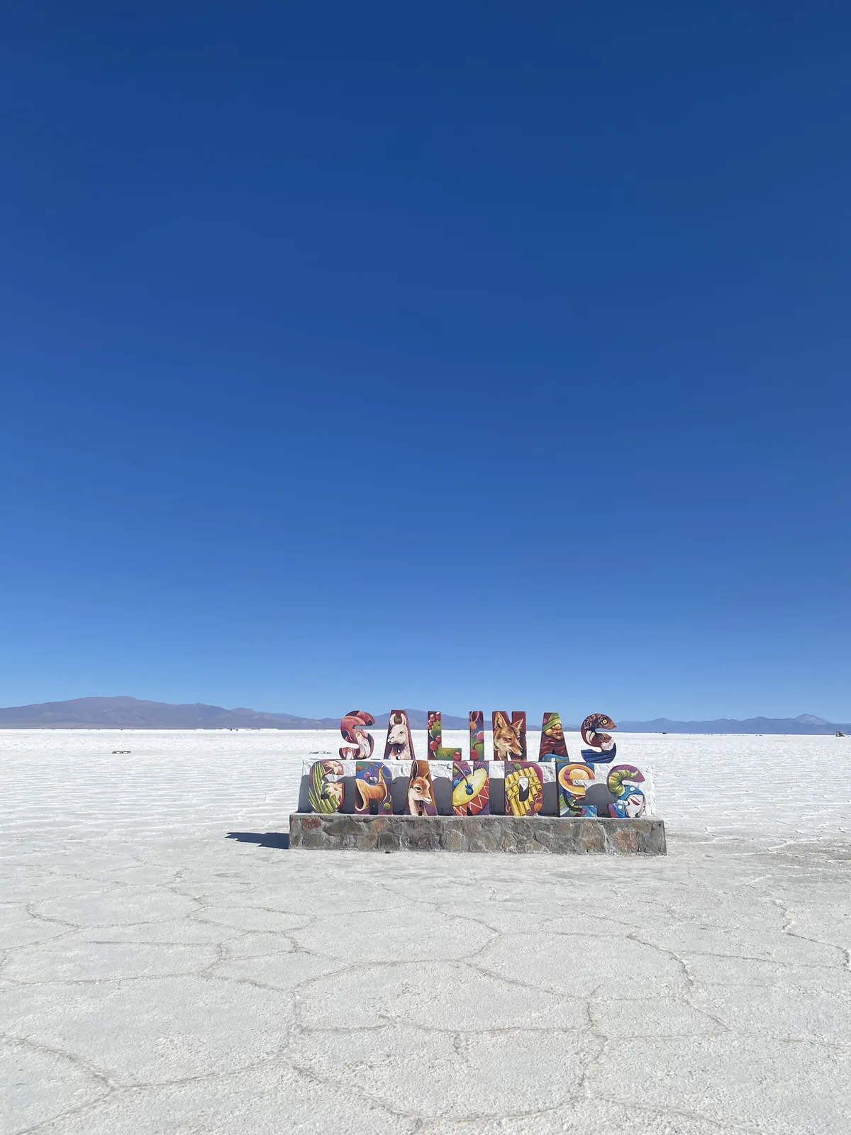 Letrero colorido "Salinas Grandes" sobre el extenso salar blanco con patrón agrietado, bajo cielo azul y montañas a lo lejos