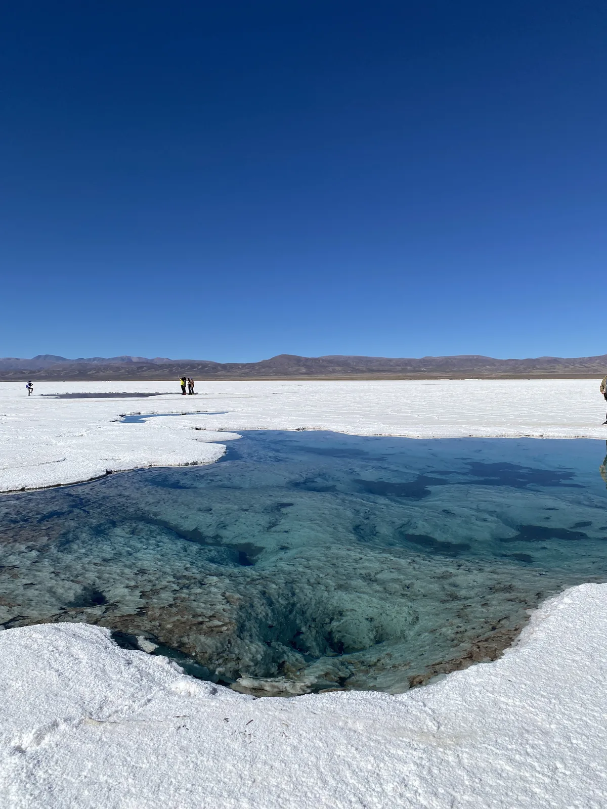 Ojos de salar turquesa en un vasto desierto de sal blanco bajo un cielo azul brillante con montañas lejanas