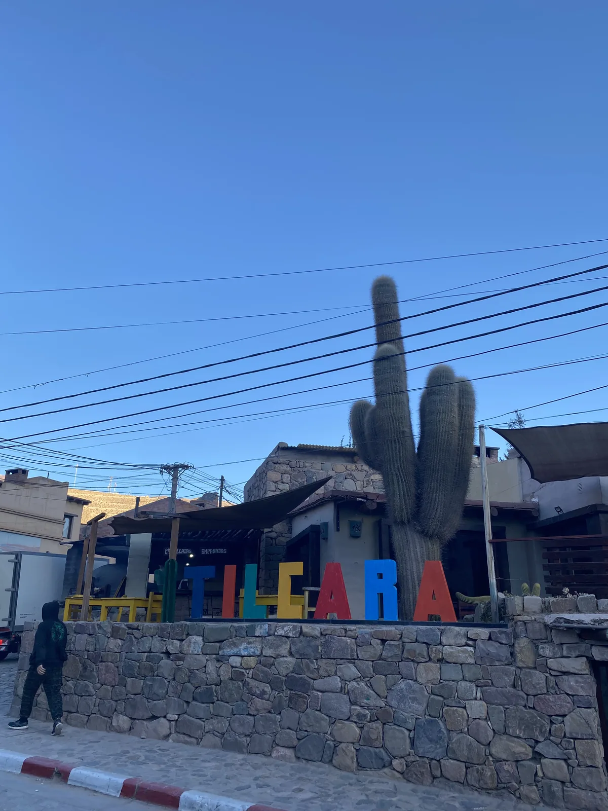 Letras coloridas "TILCARA" sobre muro de piedra en Jujuy, con un enorme cardón y edificios tradicionales bajo cielo azul