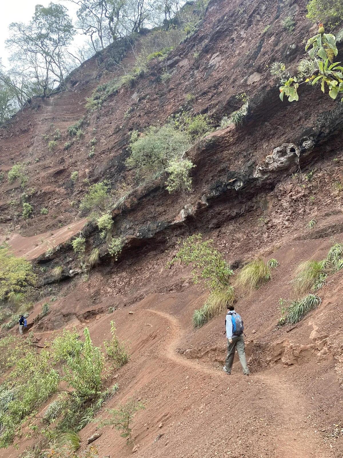 Dos excursionistas suben por un sendero sinuoso de tierra roja, rodeado por una imponente ladera montañosa con vegetación