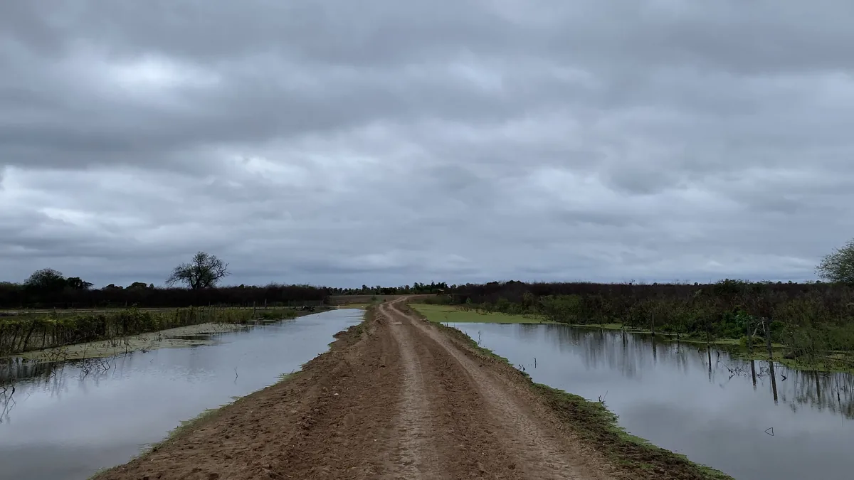 Sendero de tierra inundado con charcos a los lados y cielo gris, perfecto para una aventura overland por terrenos húmedos