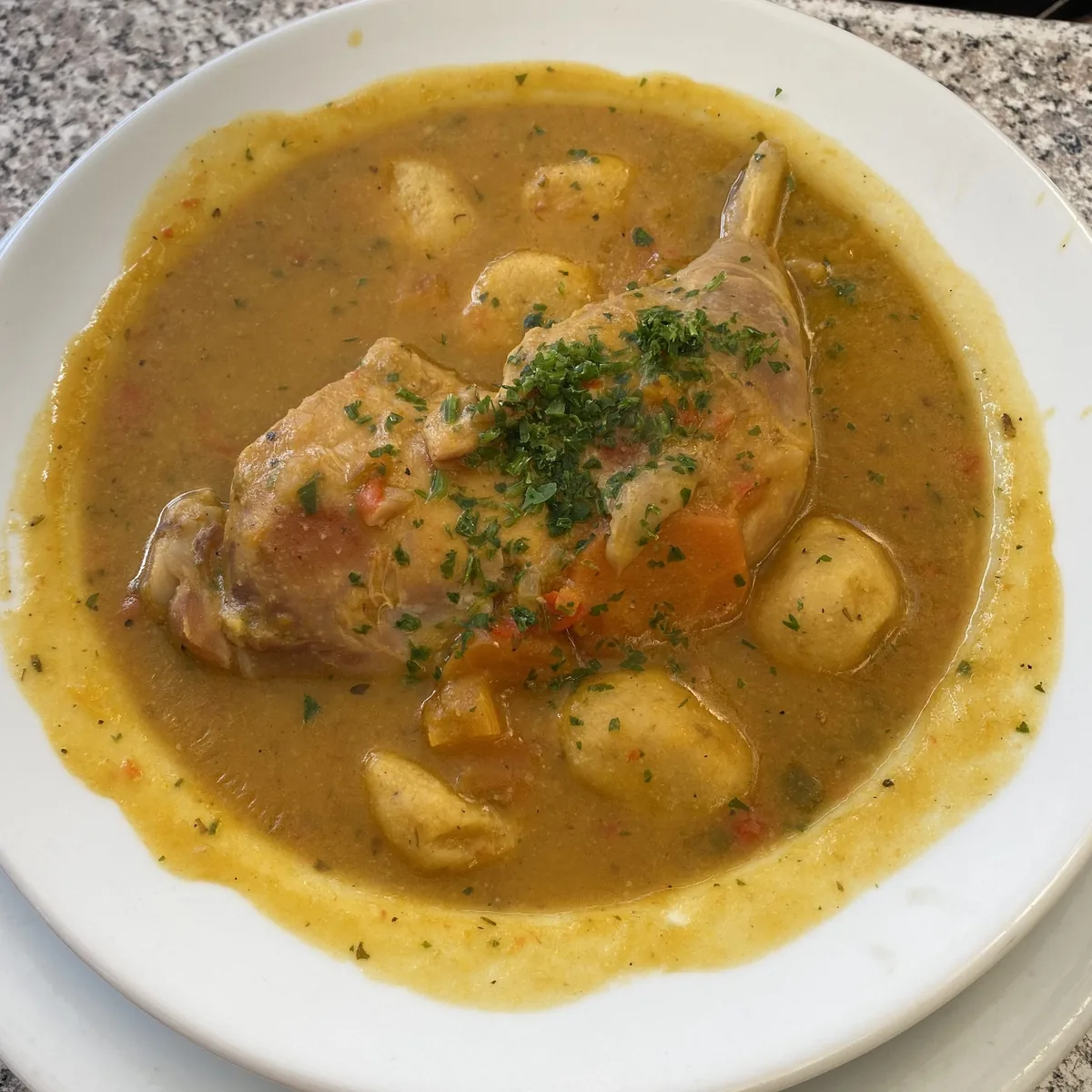 Muslo de pollo o conejo guisado en salsa con trozos de zanahoria, papas y perejil, comida reconfortante en ruta