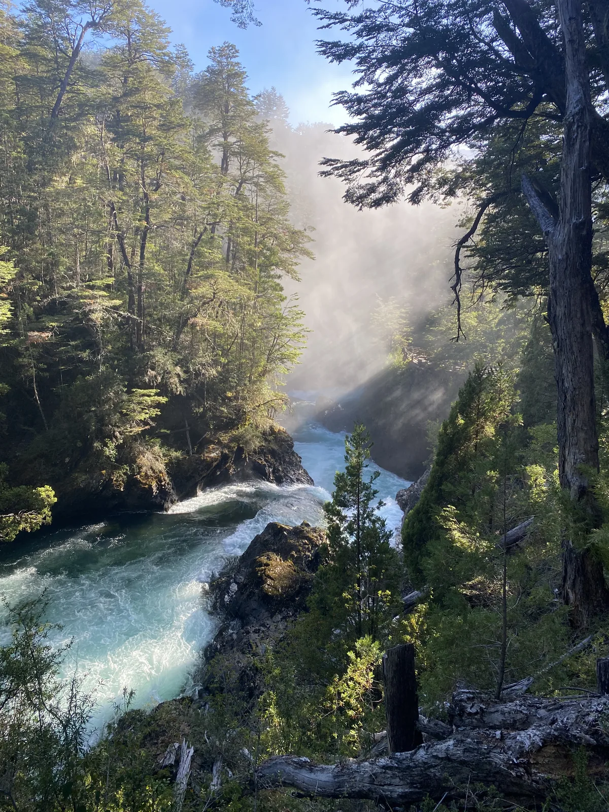 Río turquesa de aguas rápidas en un cañón boscoso de la Patagonia, con rayos de sol entre la neblina