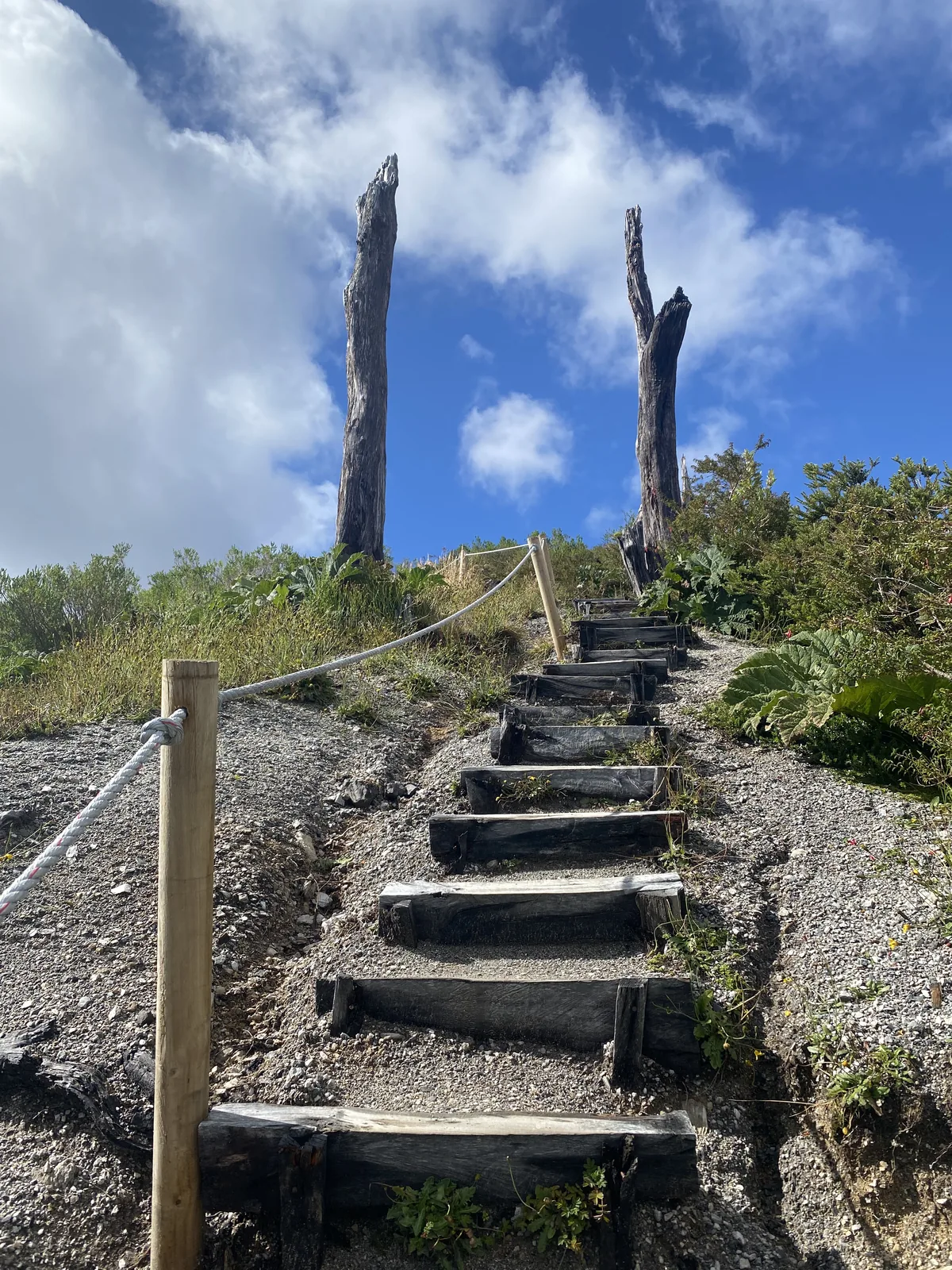 Empinada escalera rústica de madera en sendero de montaña con barandilla de cuerda, dos troncos secos bajo cielo azul y nubes