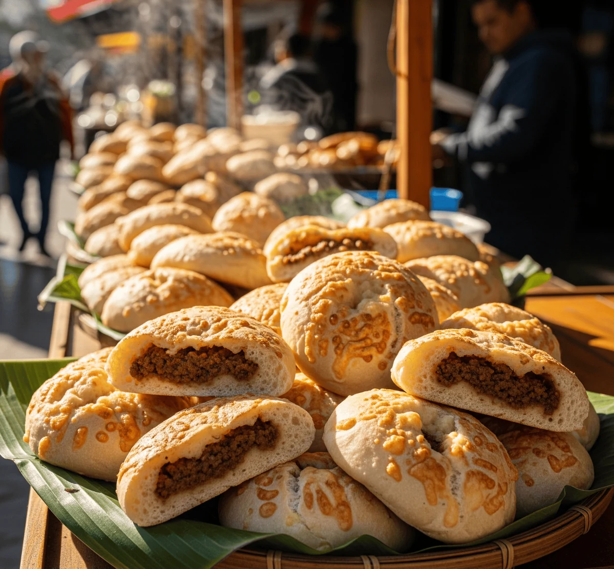 Montón de panecillos con relleno de carne y queso gratinado, servidos en hojas de plátano en un bullicioso mercado local