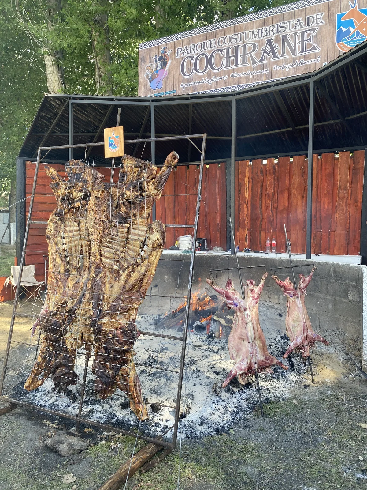 Grandes trozos de carne y corderos patagónicos asándose al palo sobre fuego abierto en el Parque Costumbrista de Cochrane