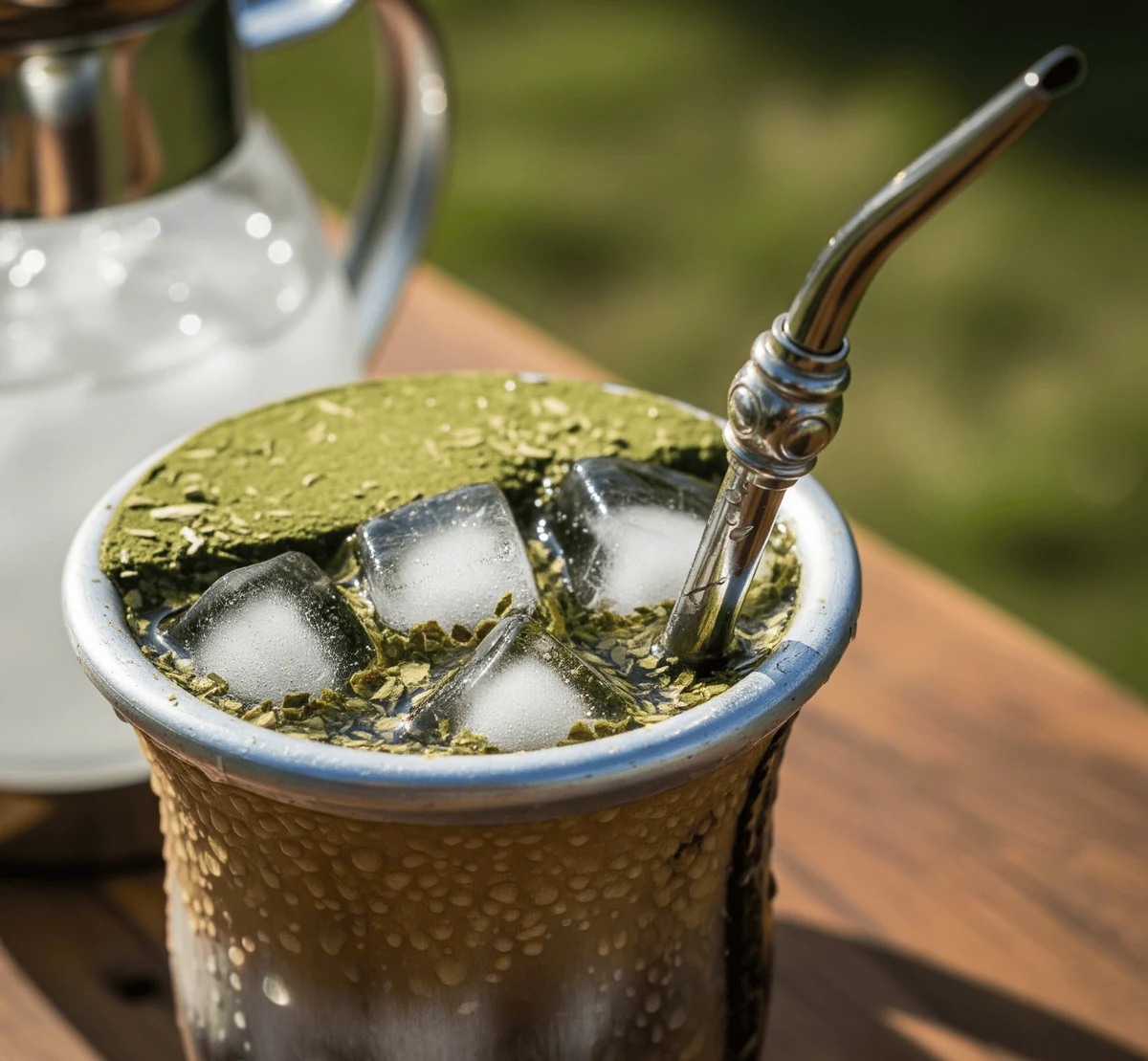 Refrescante tereré con hielo en mate metálico y bombilla, listo para disfrutar en una parada de viaje overland