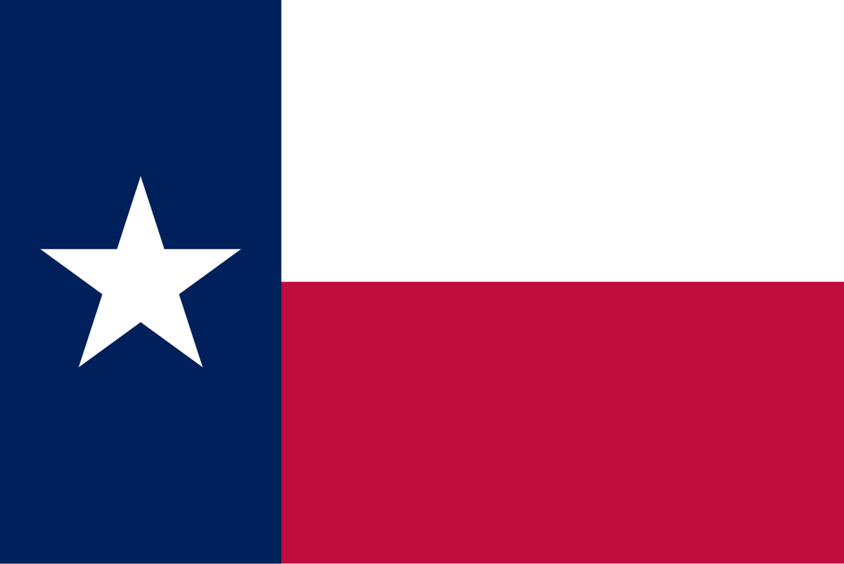 Bandera de Texas: franja azul con una estrella blanca a la izquierda y dos franjas, blanca y roja