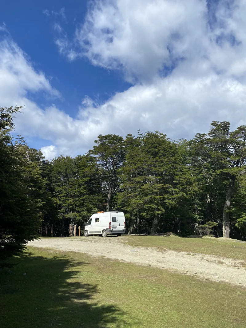 Camper van blanca en un spot de acampada libre junto a un bosque frondoso, sobre camino de tierra y césped verde, cielo azul