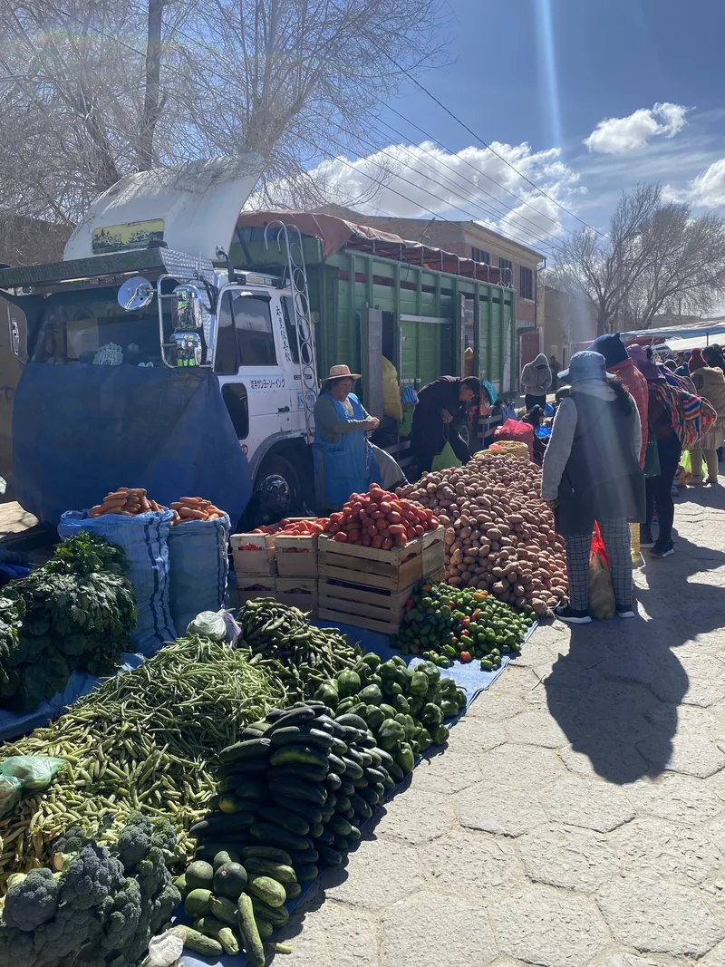 Mercado andino vibrante con pilas de verduras frescas como pepinos, patatas y brócoli, junto a un camión blanco de carga bajo