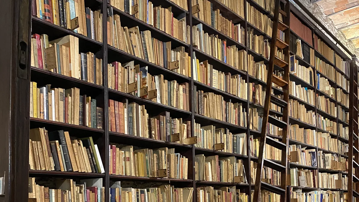 Enorme biblioteca antigua con estanterías de madera llenas de libros de tapa dura, y una escalera móvil para alcanzar los más