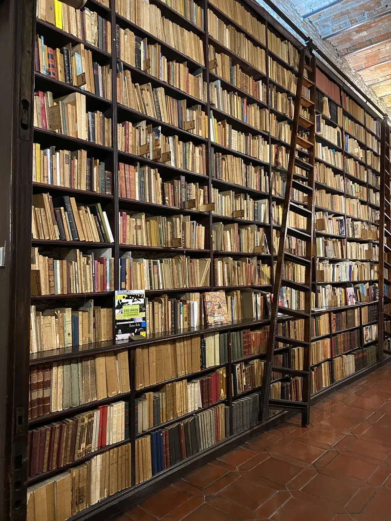 Largas estanterías de madera repletas de miles de libros antiguos y escaleras móviles en una histórica biblioteca