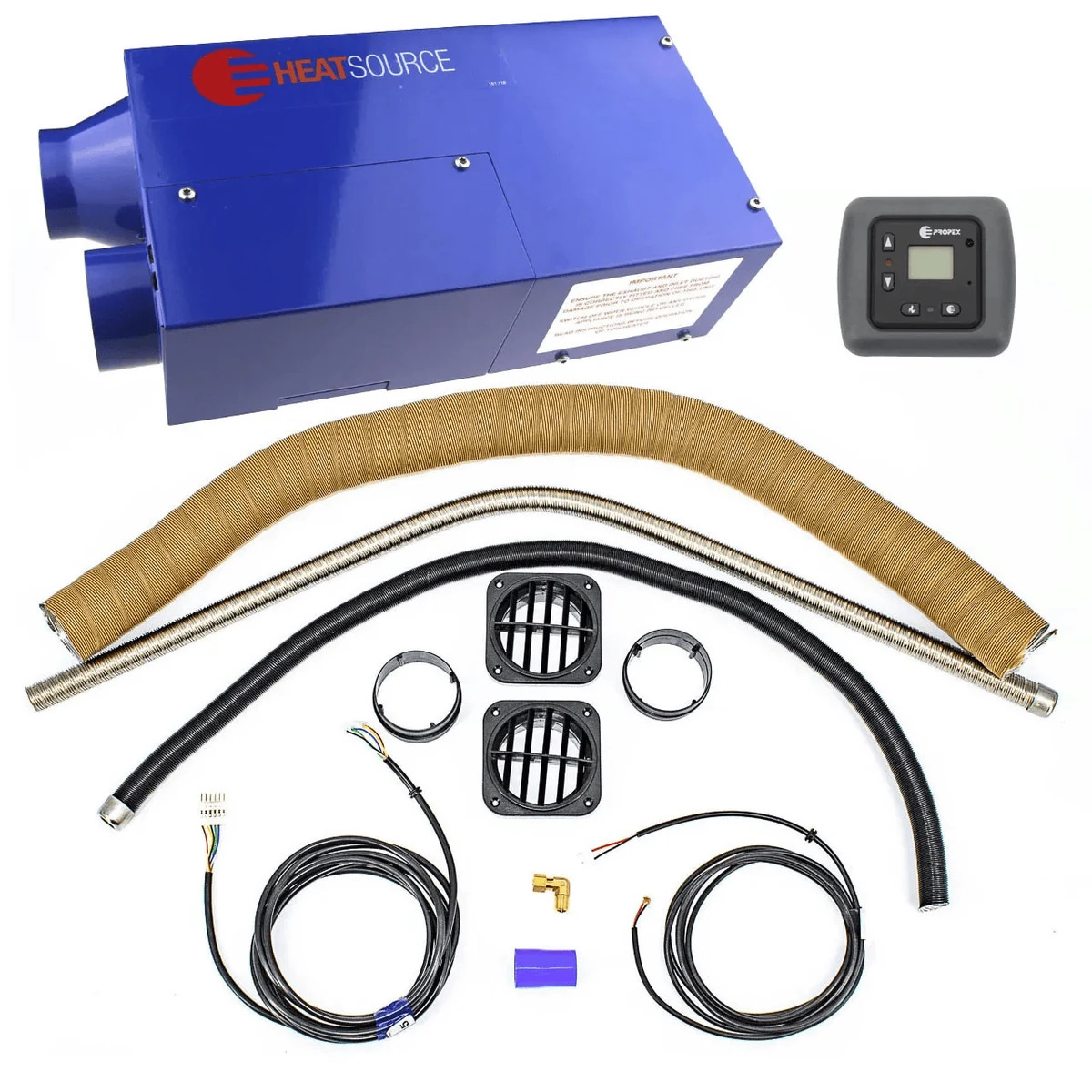 Sistema de calefacción Heat Source Propex con unidad principal azul, controlador, mangueras y rejillas para furgoneta camper