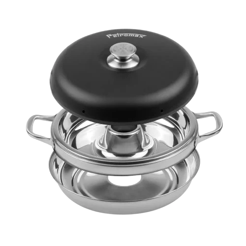 Horno Petromax Perkomax de acero inoxidable con tapa negra para camping overland