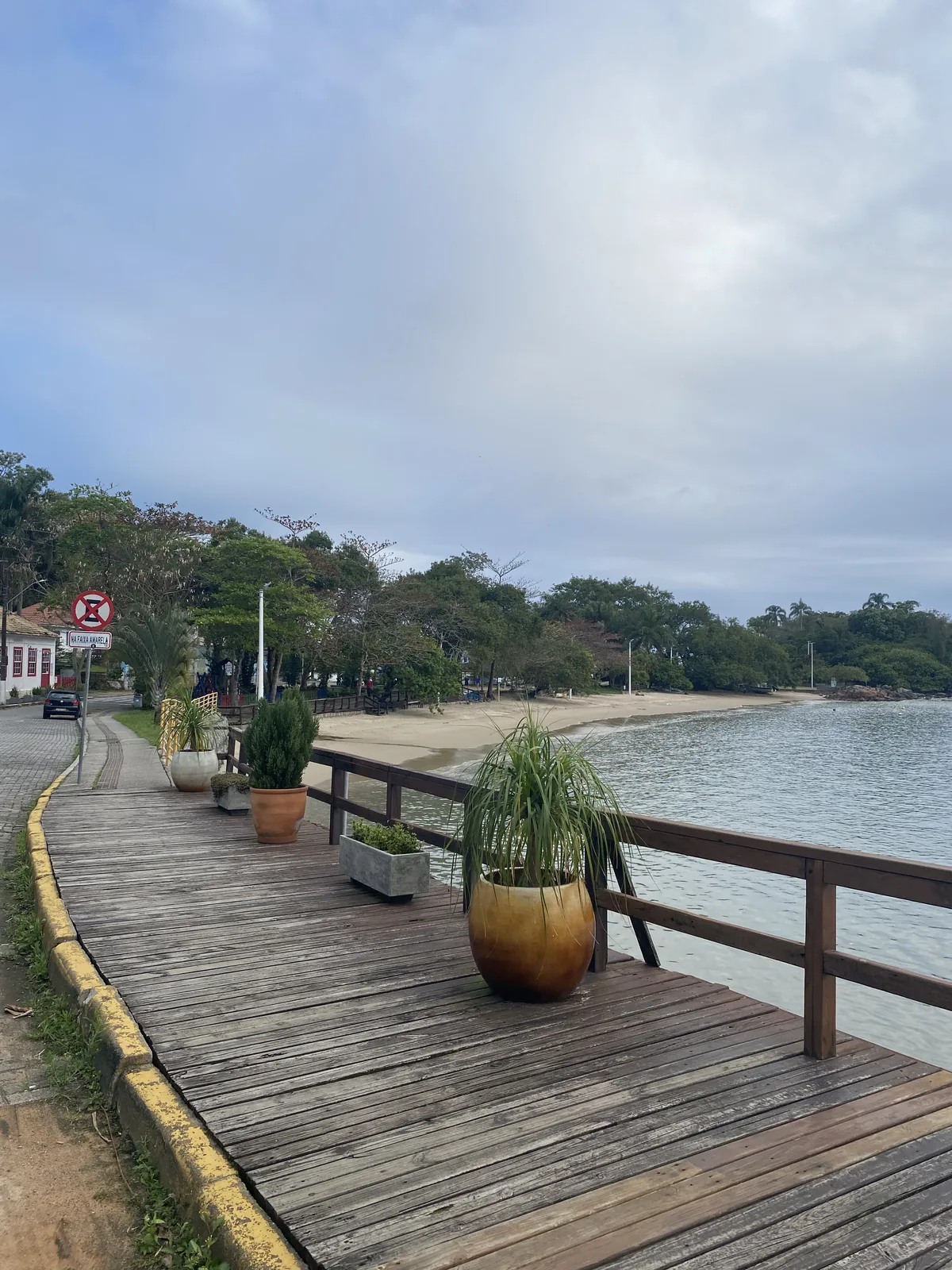 Paseo marítimo de madera con macetas frente a una playa de arena y densa vegetación costera en un día nublado