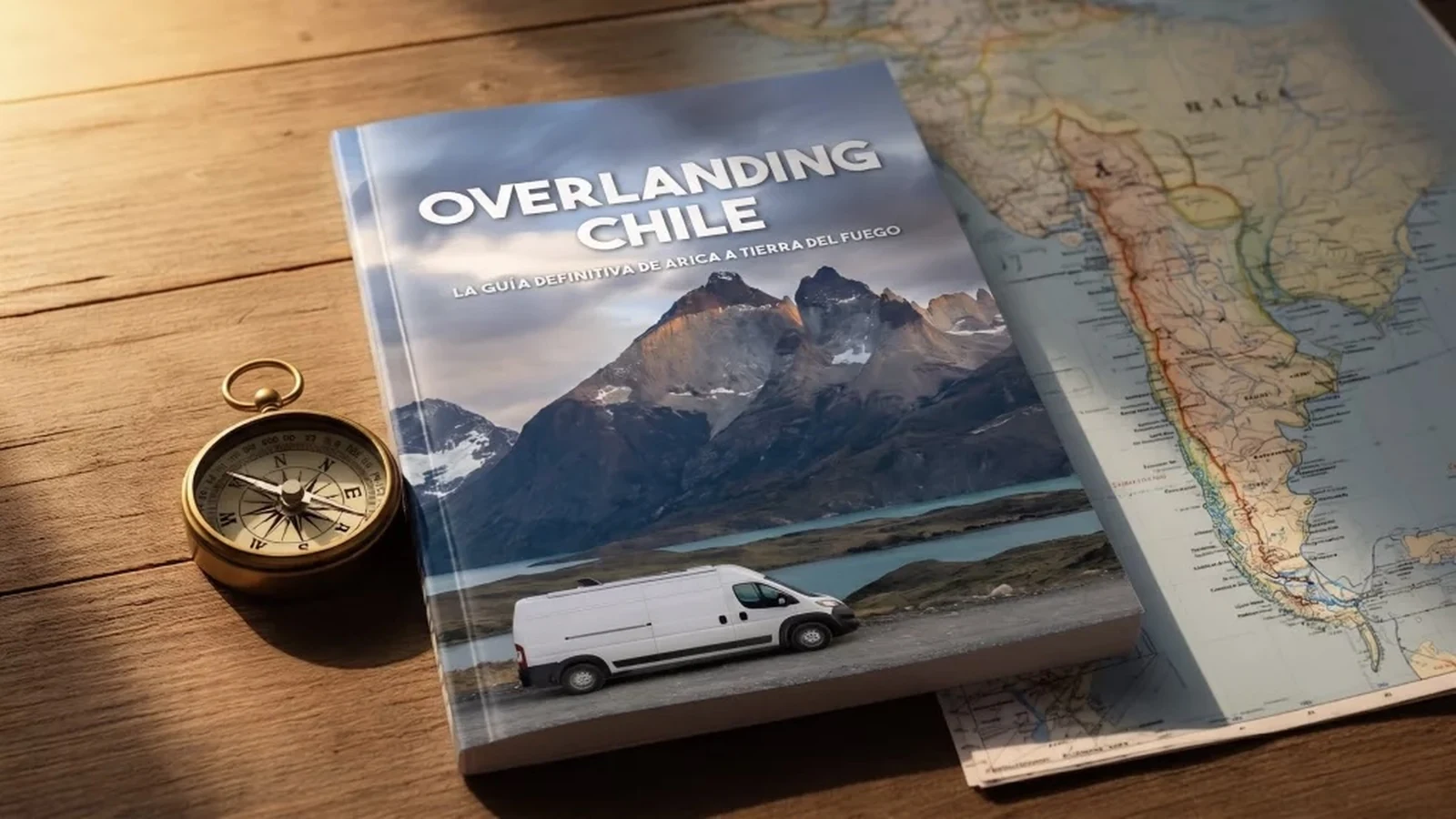 Guía Overlanding Chile con camper van blanca en paisaje montañoso patagónico y lago. Brújula dorada y mapa de Sudamérica