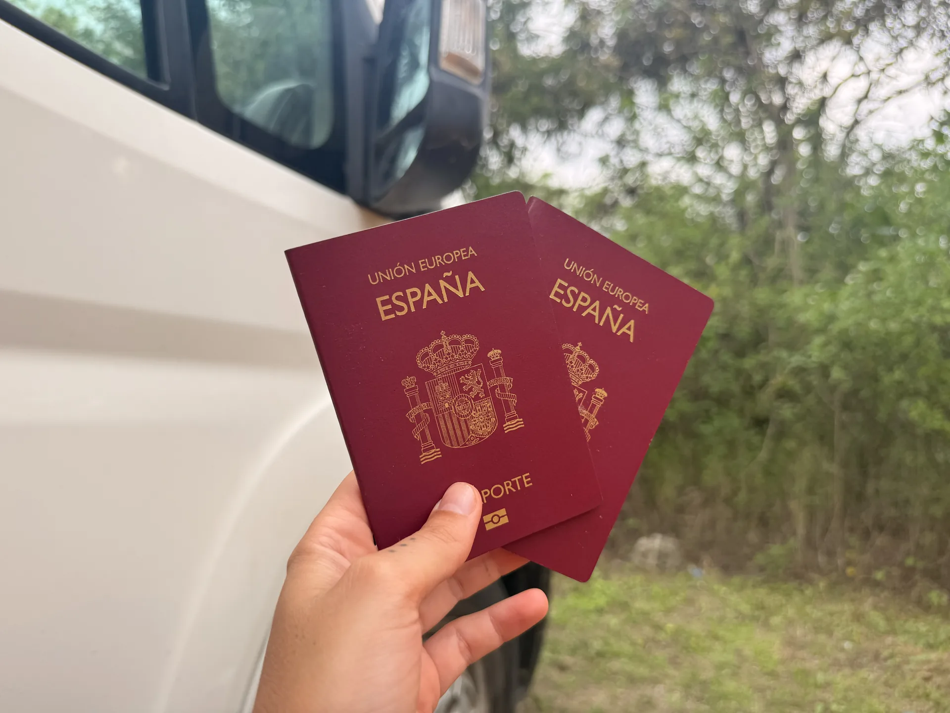 Dos pasaportes de España con una furgoneta al lado y fondo verde