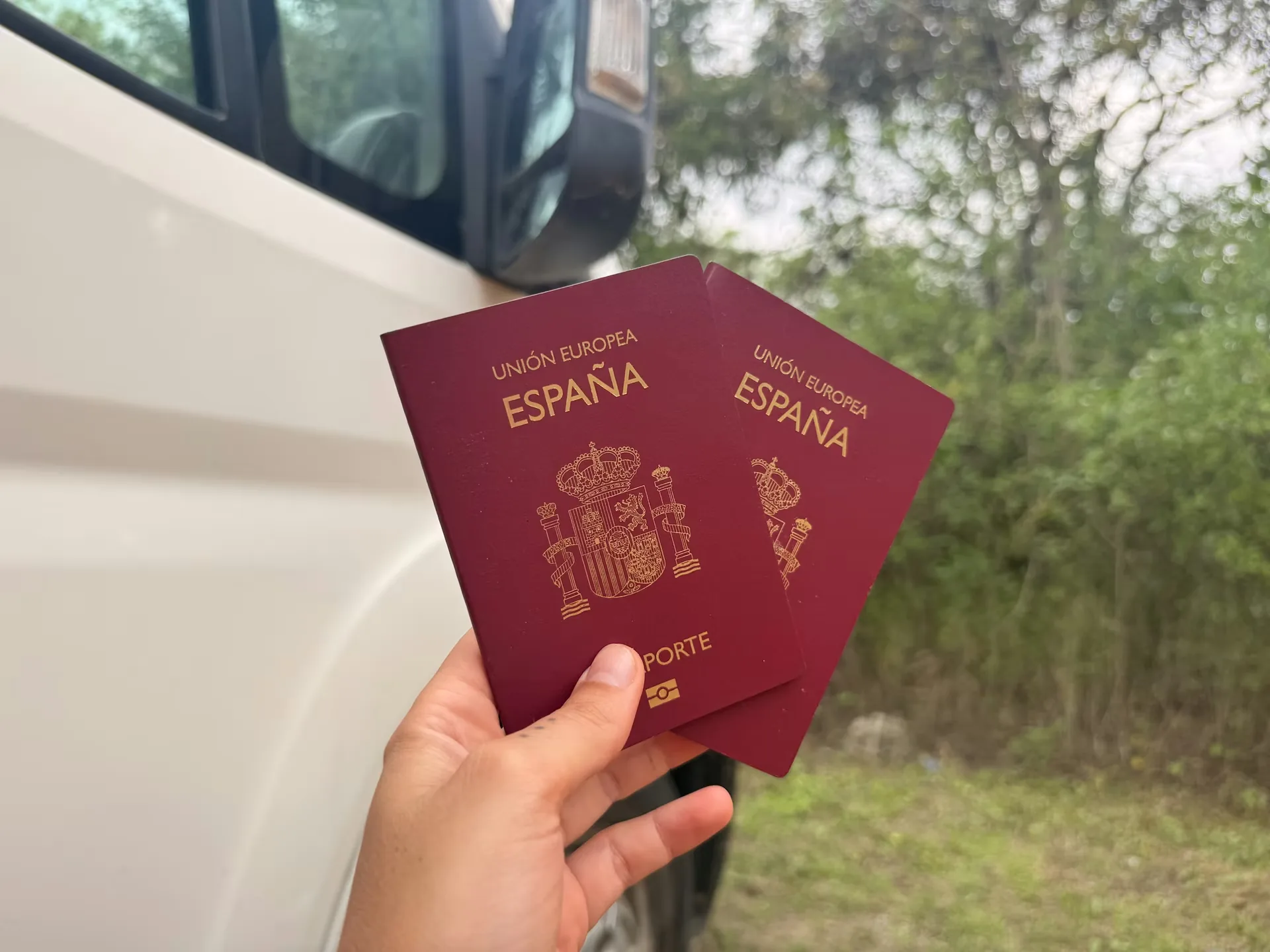 Dos pasaportes de España con una furgoneta al lado y fondo verde