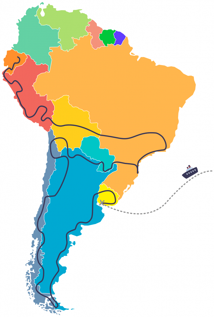 Mapa de Sudamérica con ruta de viaje overland en furgoneta, cruzando varios países y con trayecto en barco desde la costa