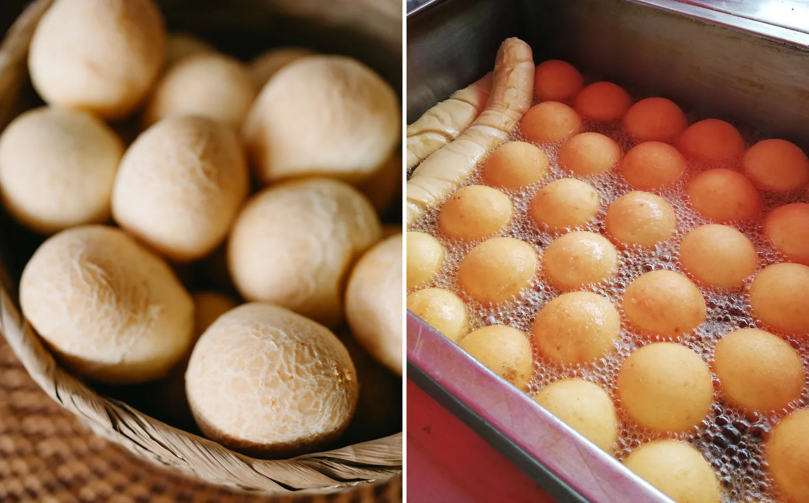 A la izquierda, pandebonos en un canasto de mimbre; a la derecha, buñuelos friéndose en aceite