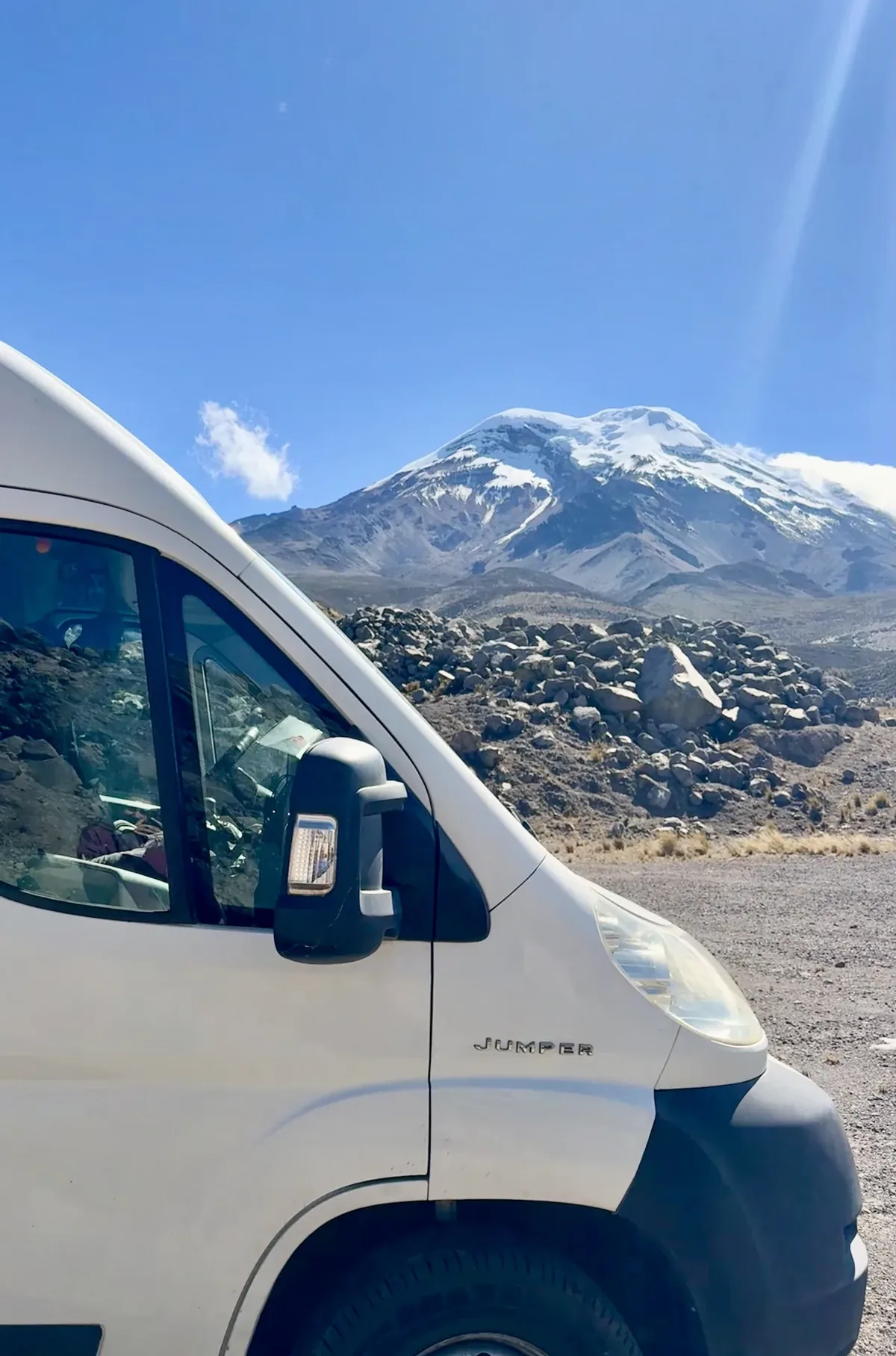 Furgoneta camper blanca frente al volcan Chimborazo
