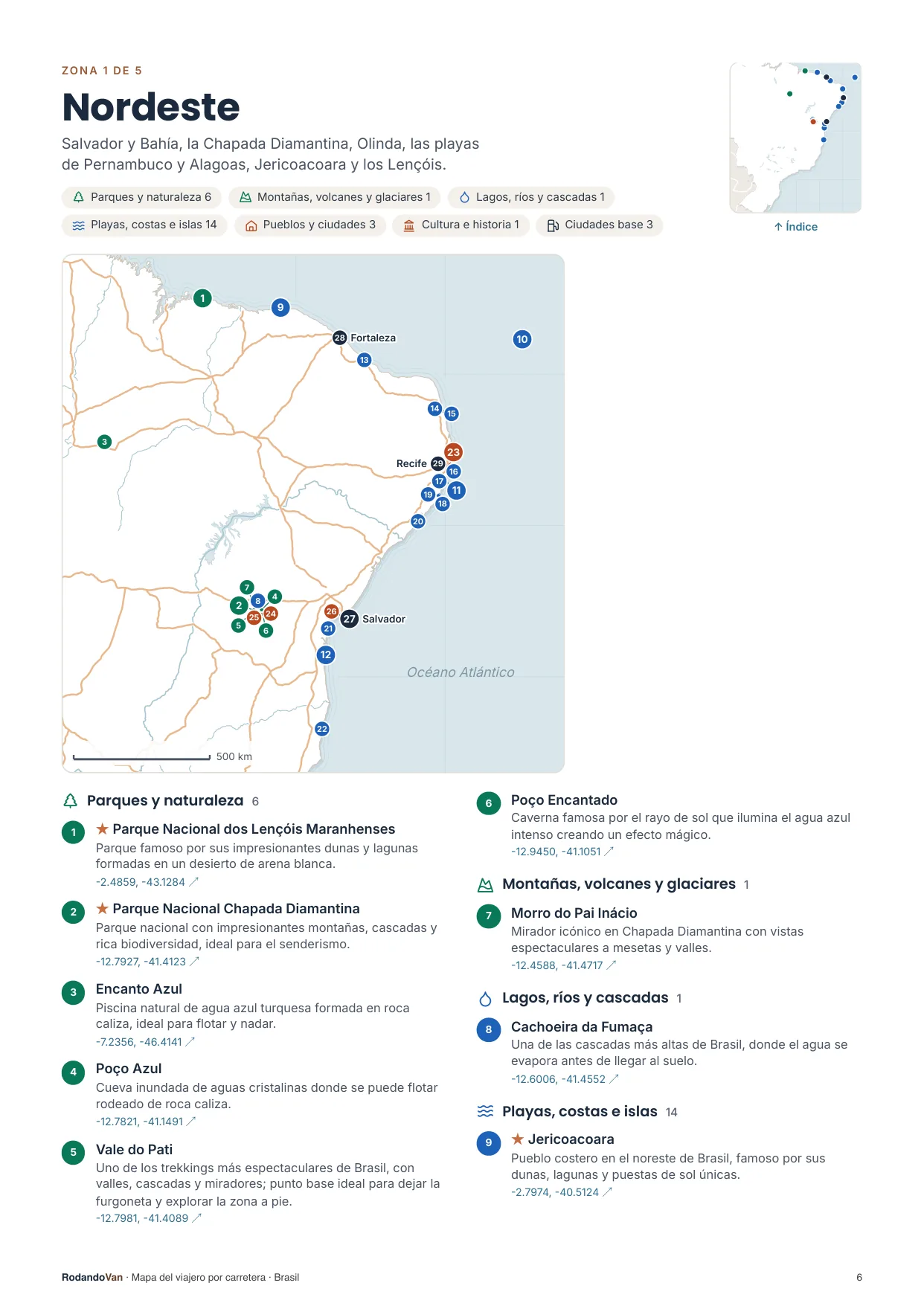 Página de la mini guía: un mapa por zona, con cada sitio numerado