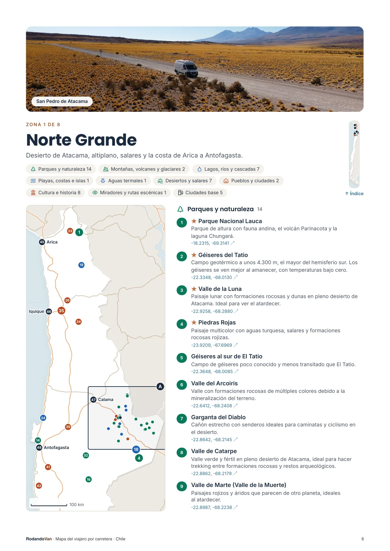 Página de la mini guía: un mapa por zona, con cada sitio numerado