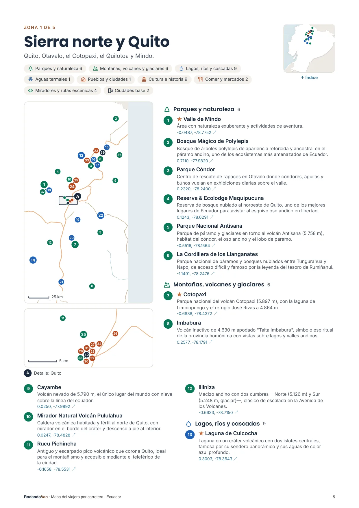 Página de la mini guía: un mapa por zona, con cada sitio numerado