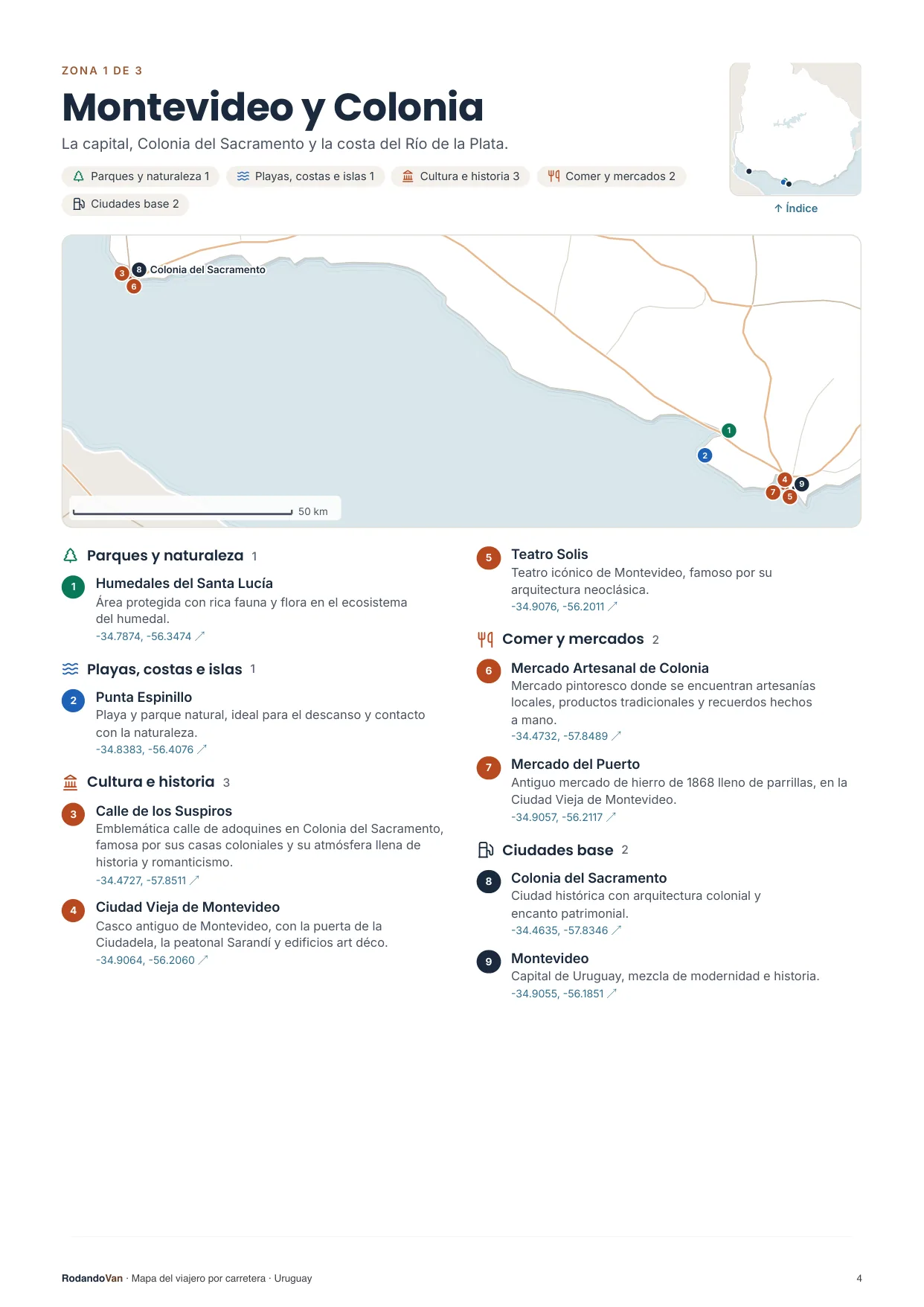 Página de la mini guía: un mapa por zona, con cada sitio numerado