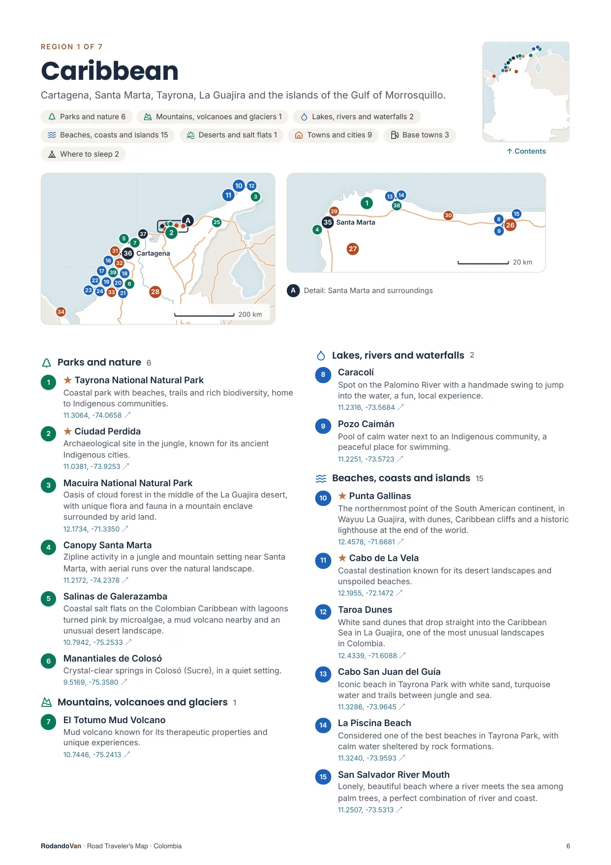 Mini guide page: a map for each region, with every place numbered