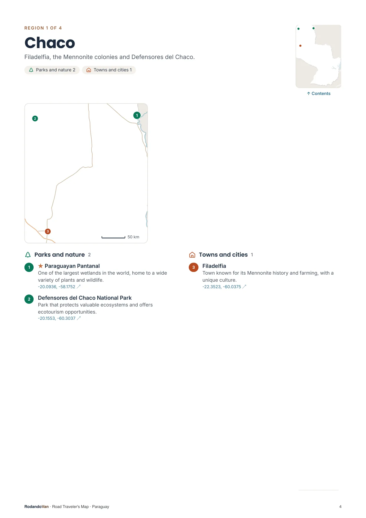 Mini guide page: a map for each region, with every place numbered